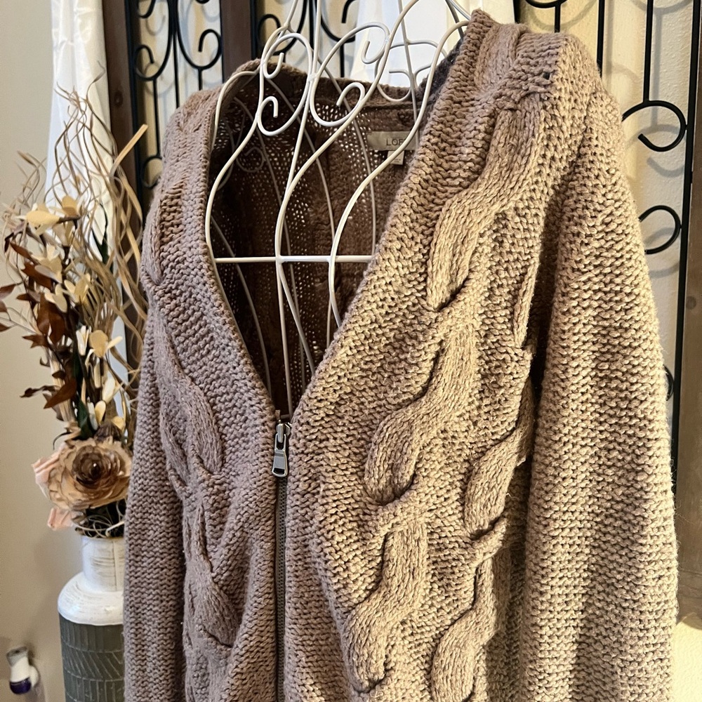 LOFT Cable Knit Zipper Cardigan in Tan